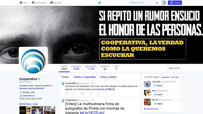 Agencia peruana destacó a @Cooperativa como líder entre tuiteros chilenos Agencia peruana destacó a @Cooperativa como líder entre tuiteros chilenos
