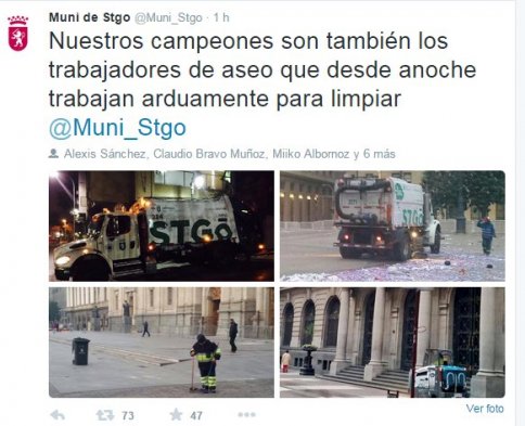 Desde la madrugada, los trabajadores municipales comenzaron a retirar la basura que dejaron los festejos en Plaza Italia luego de que Chile se coronara campeón de la Copa América por primera vez en su historia. A través de Twitter, la Municipalidad de Santiago reconoció la labor del personal. Desde la madrugada, los trabajadores municipales comenzaron a retirar la basura que dejaron los festejos en Plaza Italia luego de que Chile se coronara campeón de la Copa América por primera vez en su historia. A través de Twitter, la Municipalidad de Santiago reconoció la labor del personal.