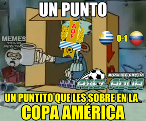 Uruguay quedó eliminado de la Copa América Centenario este jueves, tras caer ante Venezuela por 0-1 y el nuevo triunfo de México, ante Jamaica. Las redes sociales reaccionaron ante esto y compartieron varios memes al respecto. Uruguay quedó eliminado de la Copa América Centenario este jueves, tras caer ante Venezuela por 0-1 y el nuevo triunfo de México, ante Jamaica. Las redes sociales reaccionaron ante esto y compartieron varios memes al respecto.