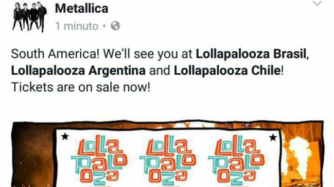 Por error, Metallica confirmó que estará en Lollapalooza Chile Por error, Metallica confirmó que estará en Lollapalooza Chile