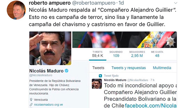 Roberto Ampuero reconoce que mensaje de Maduro a favor de Guillier es un fail Roberto Ampuero reconoce que mensaje de Maduro a favor de Guillier es un fail