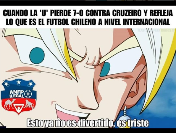 Universidad de Chile sufrió una dura derrota 7-0 en su visita a Cruzeiro por la Copa Libertadores y los memes no tuvieron piedad del equipo estudiantil. Universidad de Chile sufrió una dura derrota 7-0 en su visita a Cruzeiro por la Copa Libertadores y los memes no tuvieron piedad del equipo estudiantil.