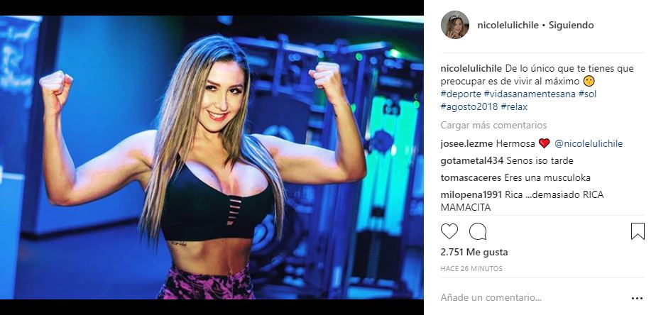 Nicole Moreno, conocida en Chile como Luli, ha subido varias fotos del gimnasio donde se ejercita. La última foto se ve muy musculosa y con una figura más inflada de lo habitual según los comentarios de sus seguidores. Nicole Moreno, conocida en Chile como Luli, ha subido varias fotos del gimnasio donde se ejercita. La última foto se ve muy musculosa y con una figura más inflada de lo habitual según los comentarios de sus seguidores.