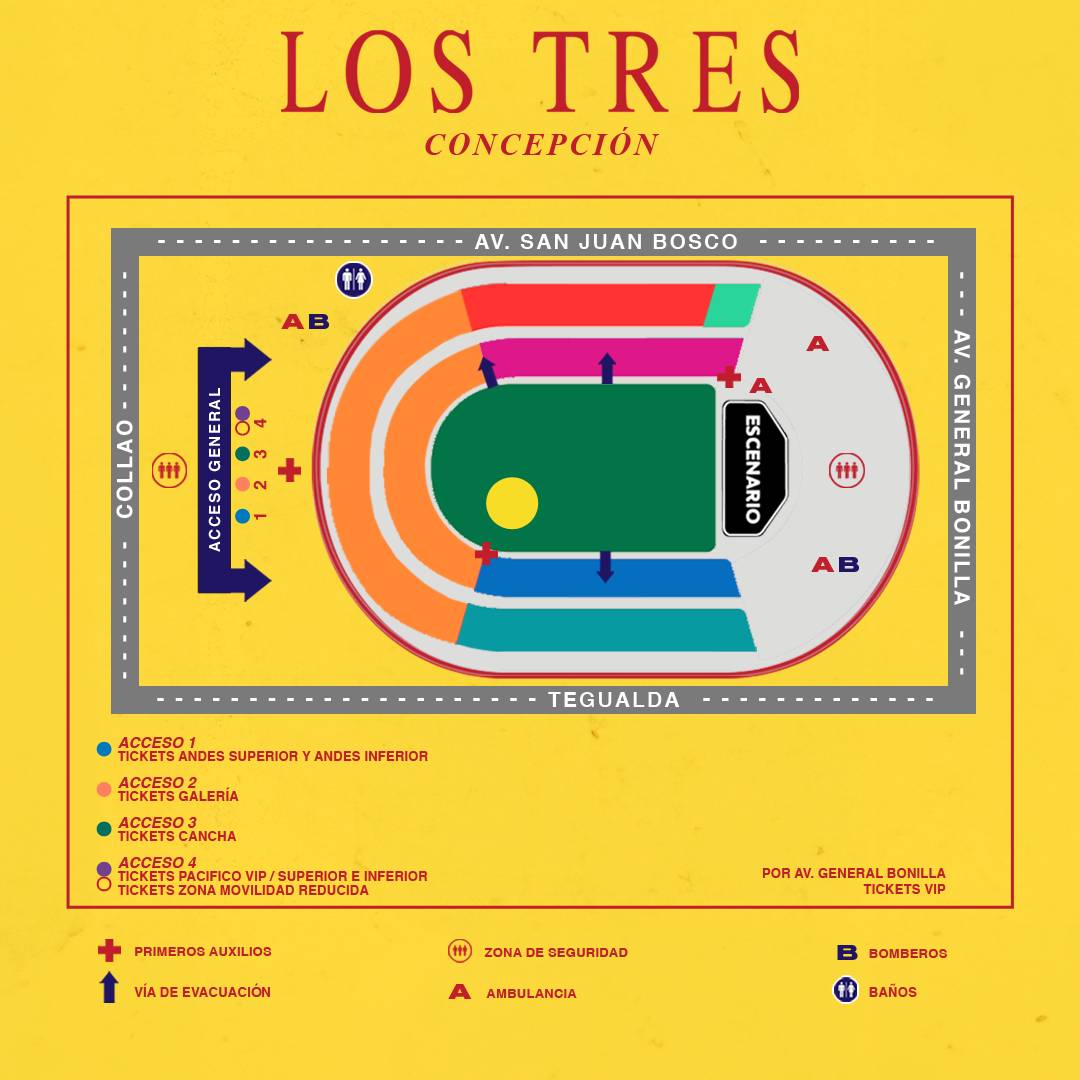 mapa con los accesos al estadio ester roa para los tres