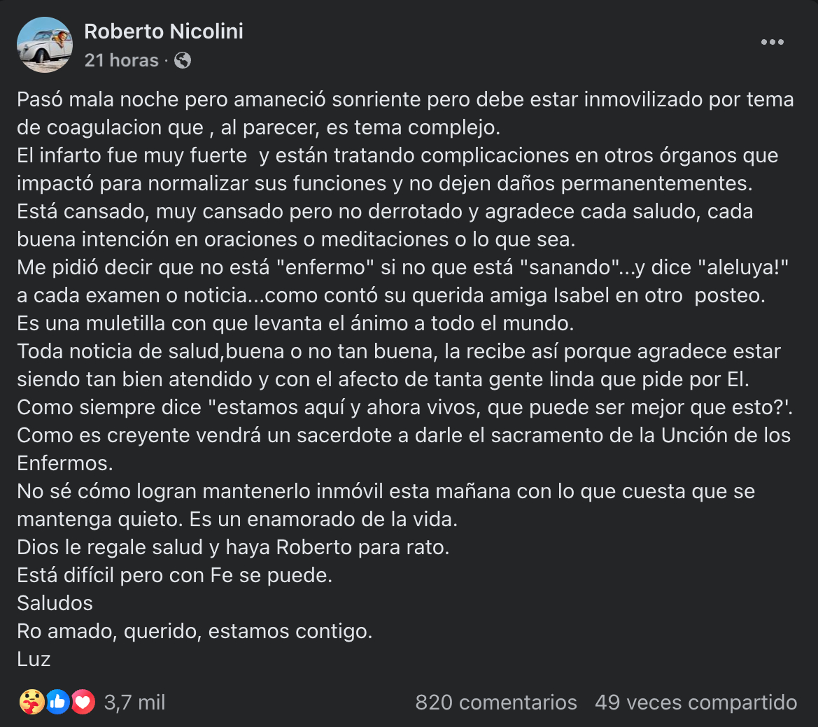 Roberto Nicolini recibirá la unción de los enfermos