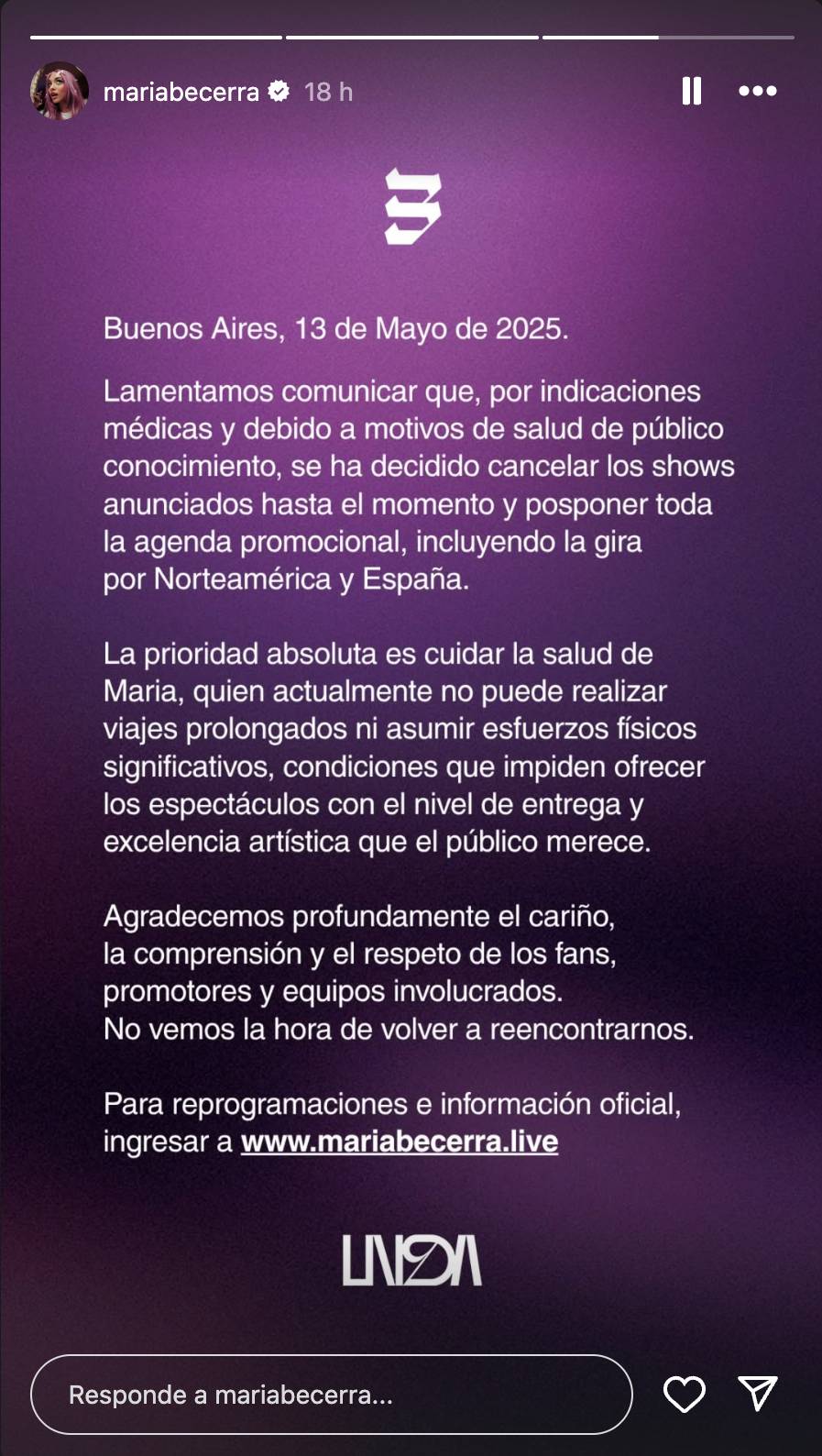 María Becerra suspendió su gira tras sufrir segundo embarazo ectópico