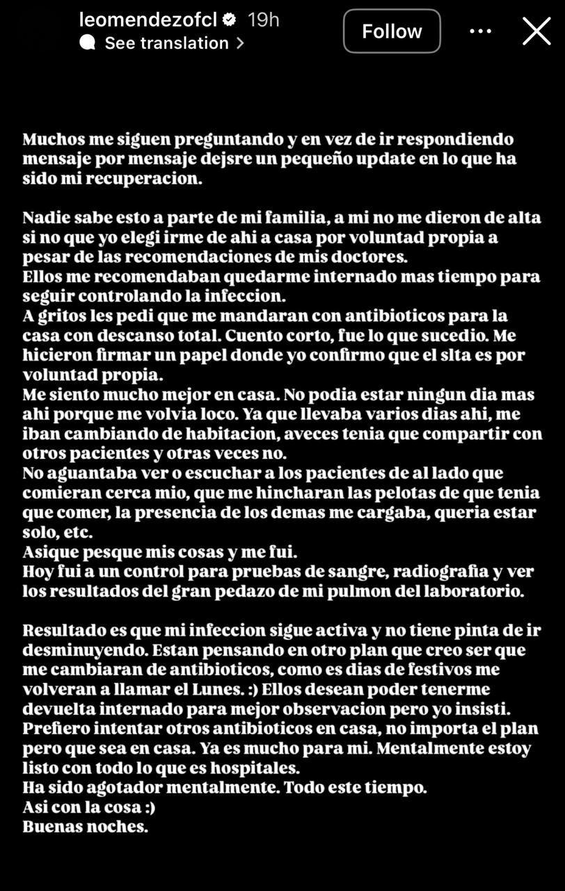 Leo Méndez Jr. reveló que su salud no ha mejorado