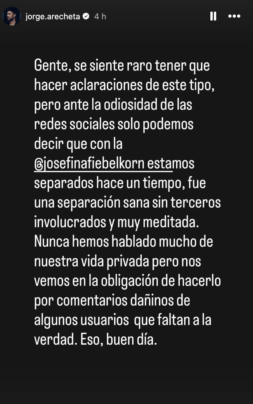 Jorge Arecheta confirma el fin de su matrimonio con Josefina Fiebelkorn