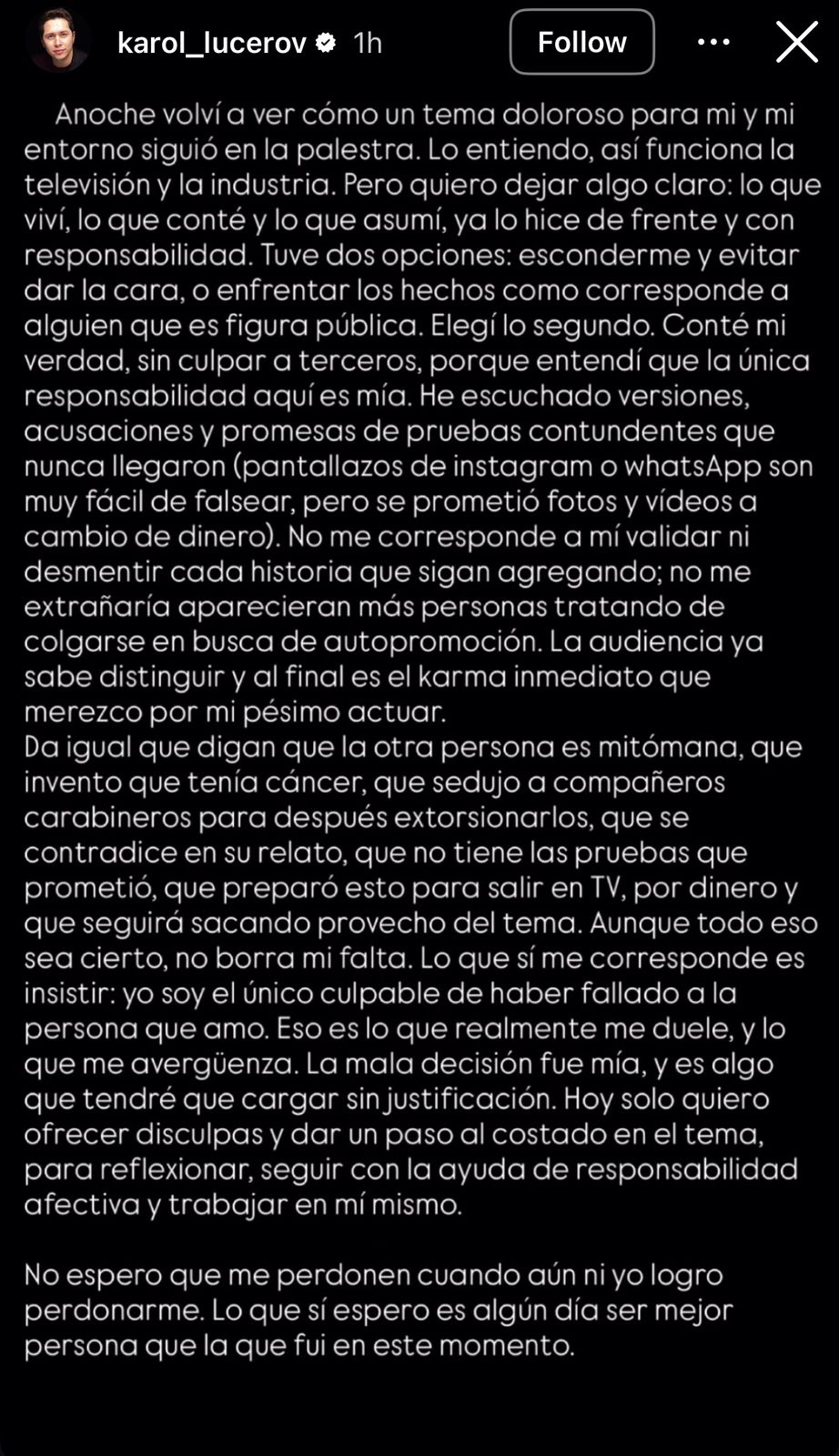 Karol Lucero hizo un "mea culpa" tras episodio de infidelidad