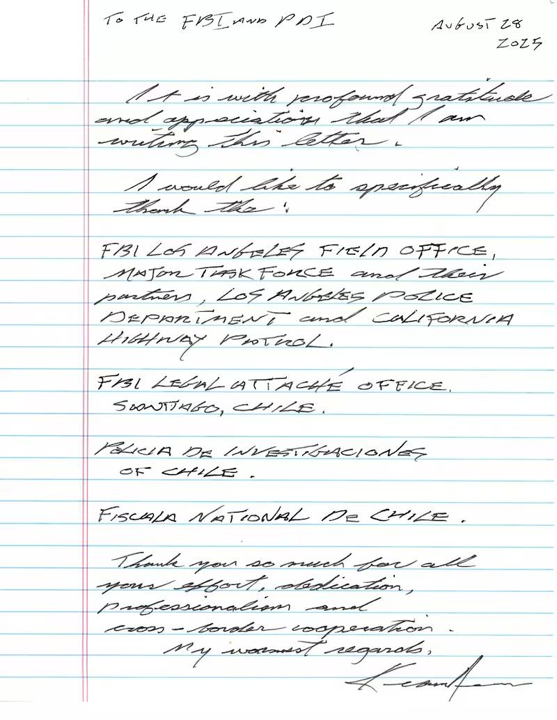 Keaunu Reeves agradeció a PDI con carta escrita a mano por recuperar sus relojes robados