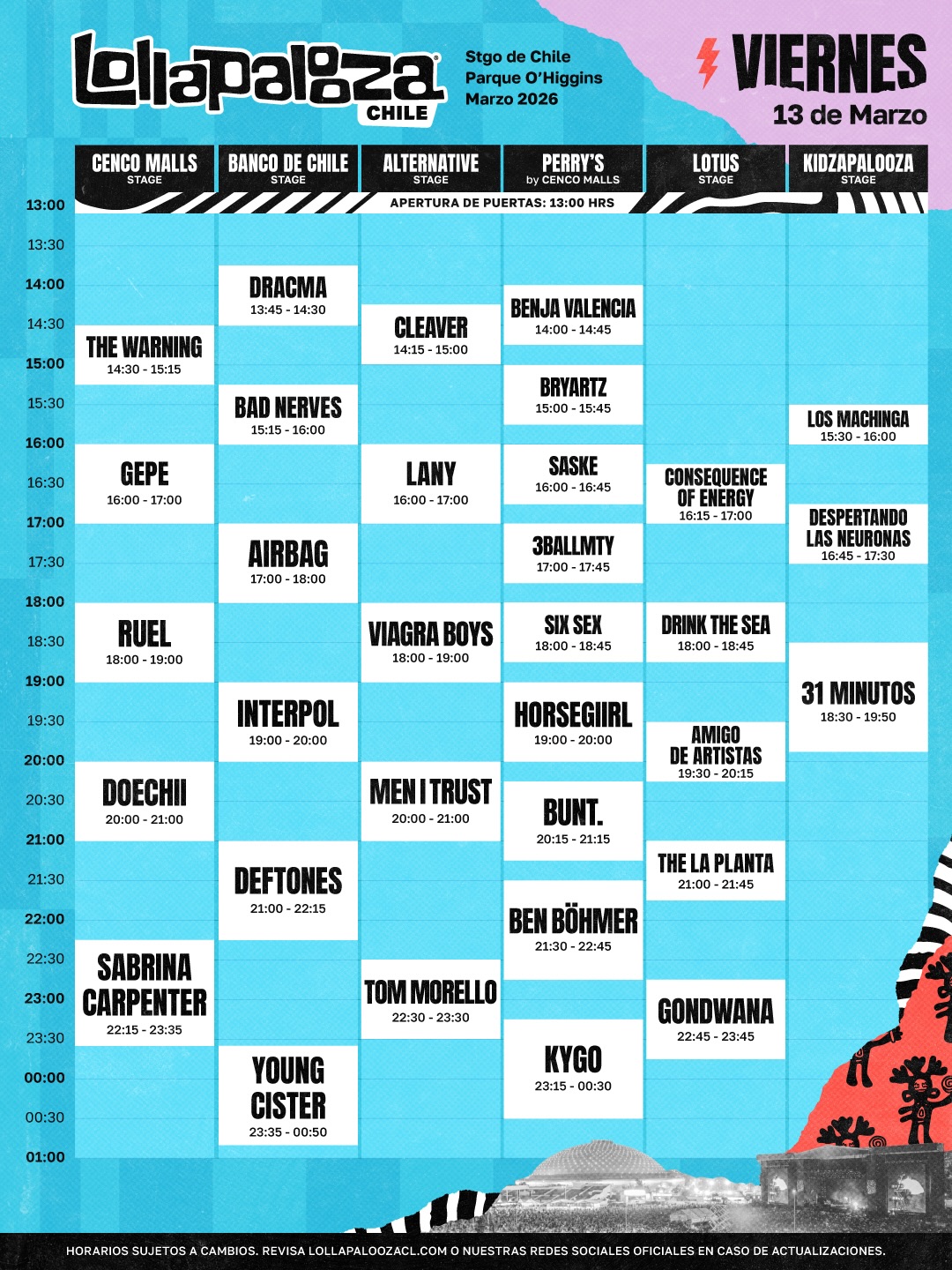 Lollapalooza Chile 2026: Estos son los horarios del día viernes